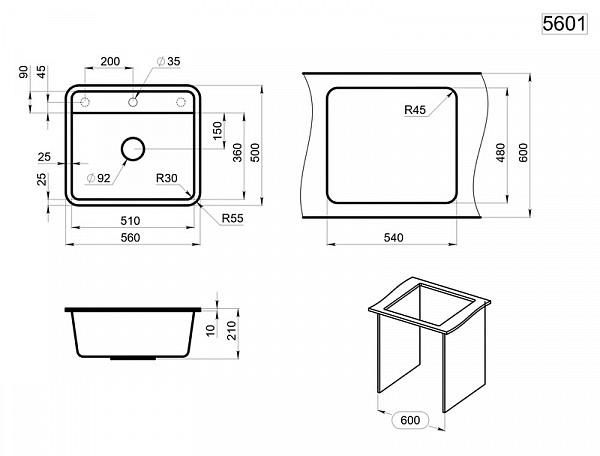 5601, ЧЁРНЫЙ, кухонная мойка, СтандАРТ кварц