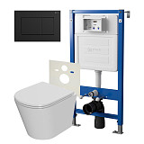 Сет: Система инсталляции Point Элемент для подвесного унитаза PN45120 + Клавиша смыва для инсталляции Point Ника, черная матовая, PN44081BM + Унитаз подвесной Point Виктория безободковый, сиденье микролифт PN41061