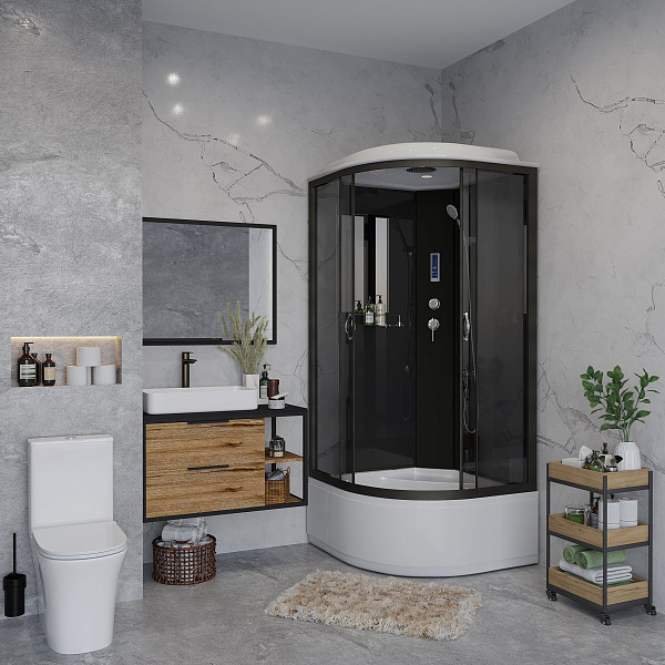 Душ.каб. NG-6508-14P (900х900х2150) высокий поддон(40см) стекло ТОНИРОВАННОЕ алюм черный 4 места