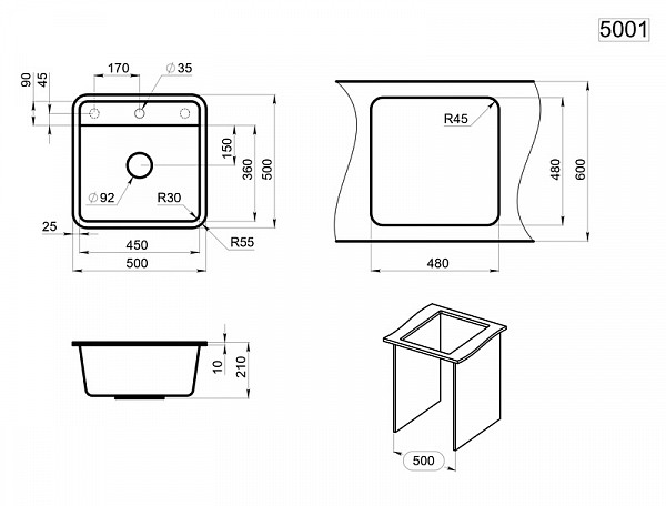5001, ЧЁРНЫЙ, кухонная мойка, СтандАРТ кварц