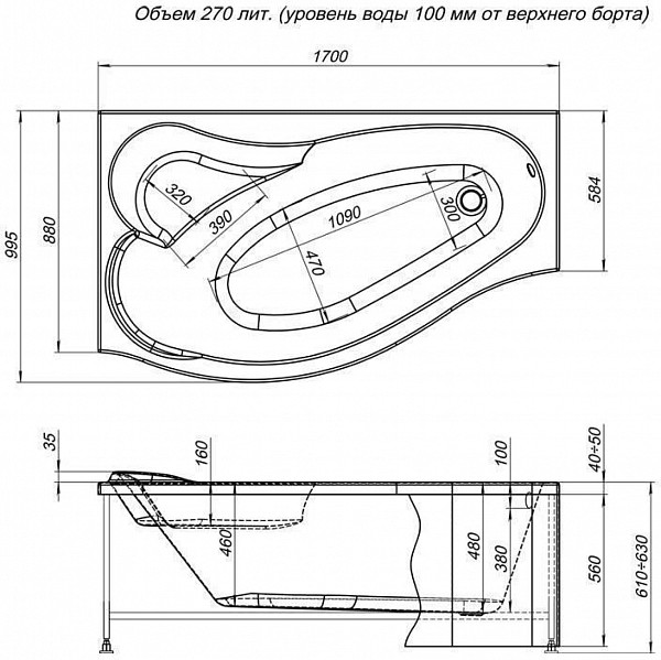 Акриловая ванна Aquanet Palma 170x90/60 L (с каркасом) 00205737
