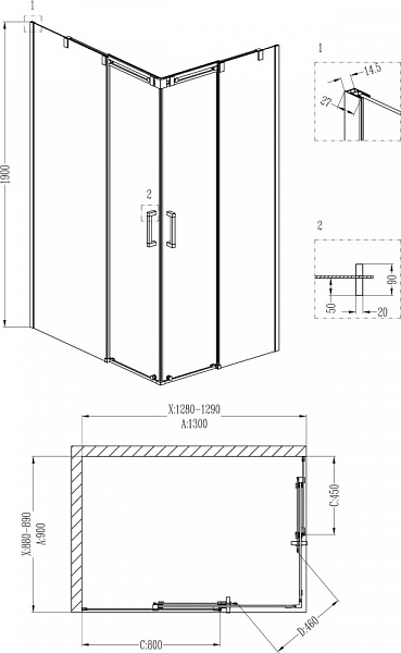 Душевой уголок Grossman GR-3130L Galaxy 130*90*190 прямоугольник, двери раздвижные