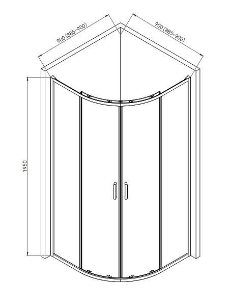 Душевой уголок AQUAme 900*900*1950мм., стекло 6мм, цвет профиля хром.  Размер