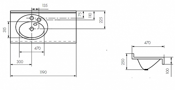 Раковина под тумбу Акватон - ОТЕЛЬ 3/120 правая с навесами 1A70103NOT01R