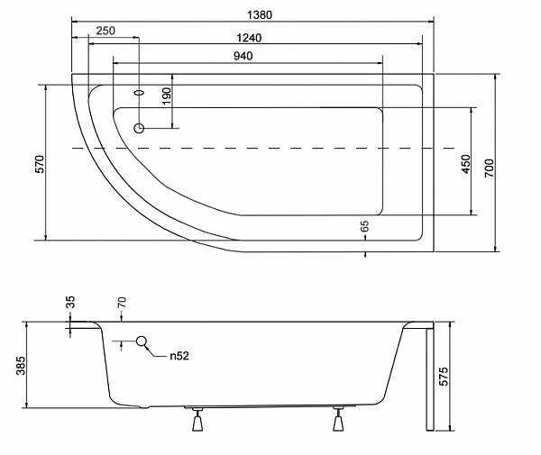 Акриловая ванна Besco Praktika 140x70 WAP-140-NP Правая