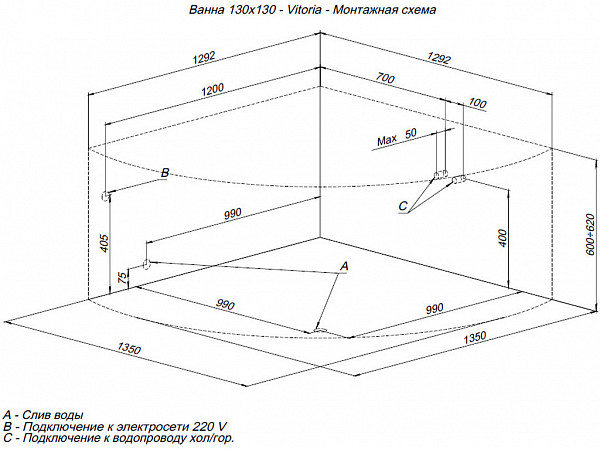 Акриловая ванна Aquanet Vitoria 130x130 (с каркасом) 00205371