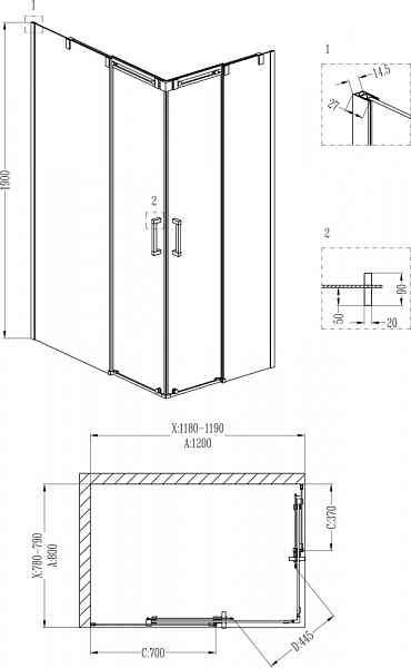 Душевой уголок Grossman GR-3120L Galaxy 120*80*190 прямоугольник, двери раздвижные