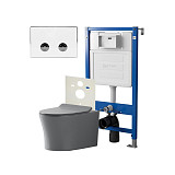 Сет: Система инсталляции пневматическая Point Элемент П для подвесного унитаза PN45121 + Клавиша смыва для пневматической инсталляции Point Венера, белый/хром, PN44071WC + Унитаз подвесной Point Вега безободковый, сер мат, PN41711GM