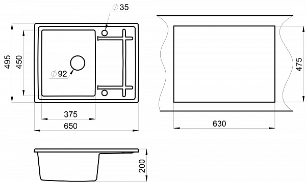 Мойка кухонная Granula прямоугольная кварц 6501, ШВАРЦ