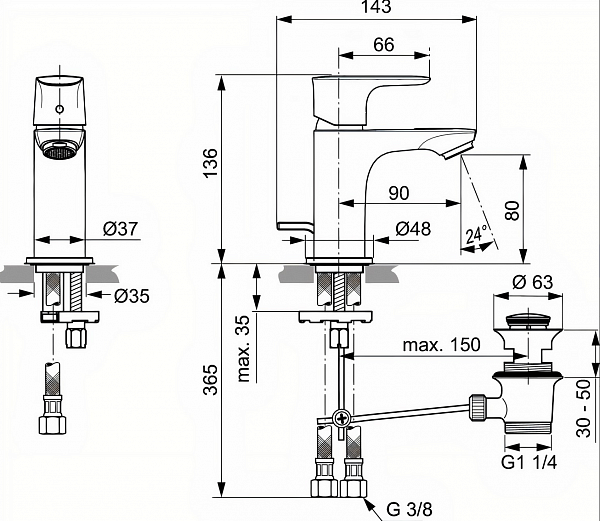 Смеситель Ideal Standard Connect Air A7014AA для раковины с донным клапаном