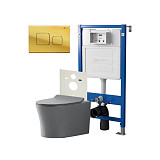 Сет: Система инсталляции Point Элемент для подвесного унитаза PN45120 + Клавиша смыва для инсталляции Point Афина, золото, PN44041G + Унитаз подвесной Point Вега безободковый, сер мат, PN41711GM