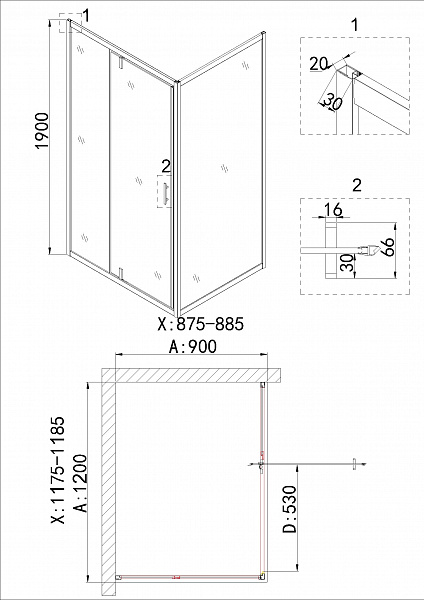 Душ.ограждение NG-43-12AG-A90G (120*90*190) прямоугольник, дверь распашная, 2 места