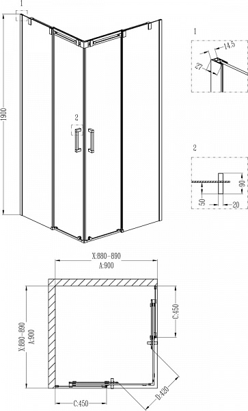 Душевой уголок Grossman GR-3090 Galaxy 90*90*190 квадрат, двери раздвижные