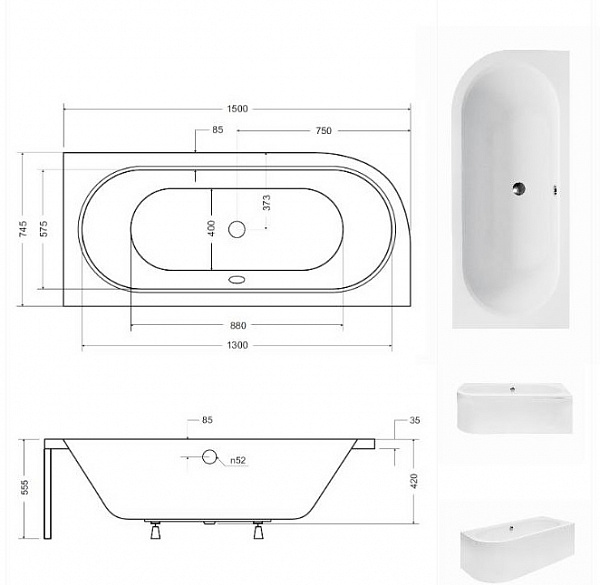 Акриловая ванна Besco Avita 150x75 WAV-150-NP Правая