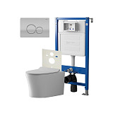 Сет: Система инсталляции Point Элемент для подвесного унитаза PN45120 + Клавиша смыва для инсталляции Point Виктория, цвет сатин/хром, PN44061SC + Унитаз подвесной Point Вега безободковый, сиденье микролифт PN41711