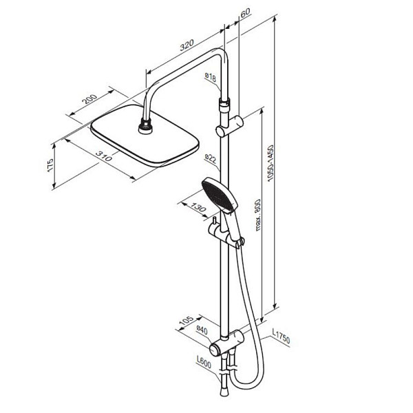 940000300 Merkur душ.система: верх.душ 310*200 мм, ручн.душ 3 ф-ции 130*250 мм, штанга 1050-1450, че