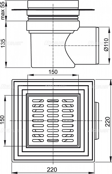 Сливной трап AlcaPlast APV10 150 x 150/110