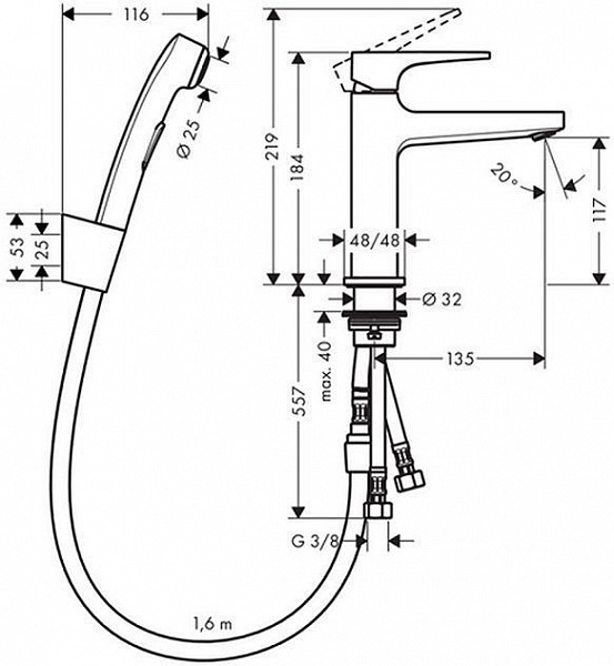 Смеситель для раковины Hansgrohe Metropol 74522000 с гигиеническим душем