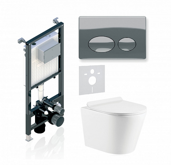 Комплект KOLLER POOL для монтажа  подвесного унитаза: Инсталляция Alcora ST 1200 с клавишей ROUND Chrome, Унитаз ORION Rimless, сиденье дюропласт: SoftClose, Take Off, антибактериальное покрытие, система «Антивсплеск»