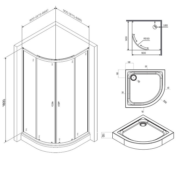 W88E-205-090MT64 X-Joy Twin Slide,  Душевое ограждение c поддоном, 90x90, профиль мат хром