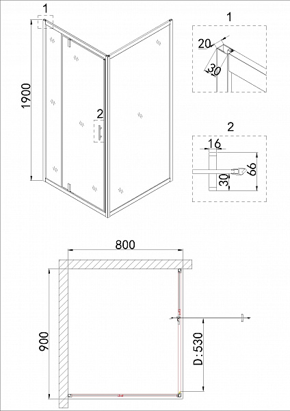 Душ.ограждение NG-43-9AG-A80G (90*80*190) прямоугольник, дверь распашная, 2 места