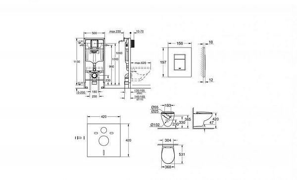 Комплект 5 в 1 Grohe Bau Ceramic 39586000: унитаз подвесной безободковый, сиденье, инсталляция, клавиша, шумоизоляция