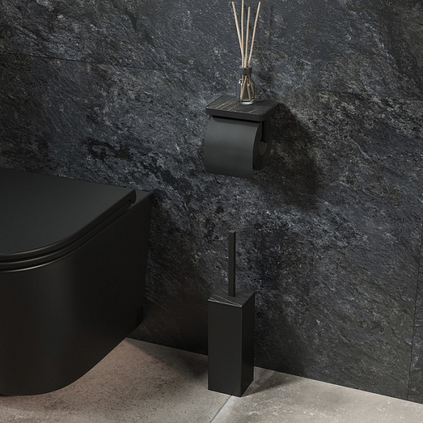 Бумагодержатель с полкой со вставкой из черного камня, латунь, On-X, черный матовый, IDDIS, ONXBL03i43