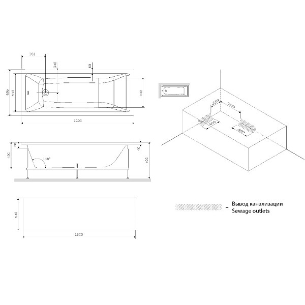 W93A-180-070W-A Gem, ванна акриловая 180x70 см