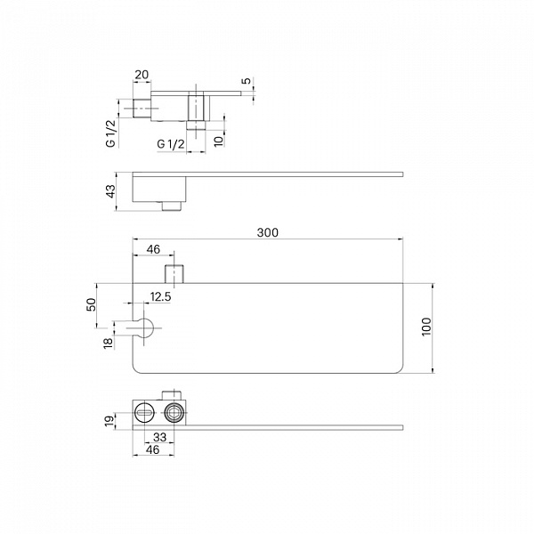 Выход для шланга с держателем для лейки и полкой, матовый черный, Slide, IDDIS, SLIAB00i62