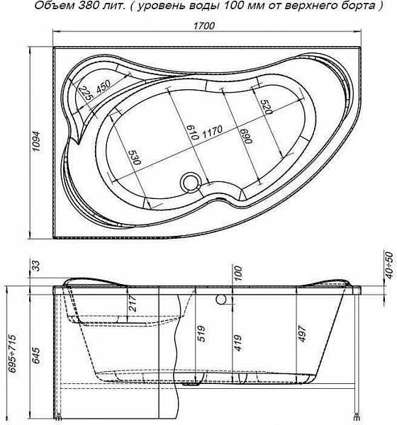 Акриловая ванна Aquanet Capri 170x110 L (с каркасом) 00205345