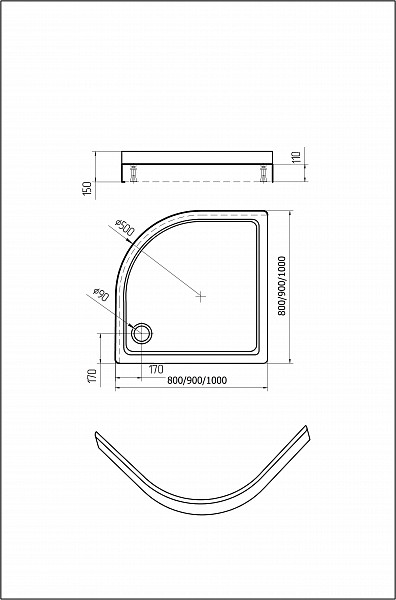 Поддон акриловый 100*100*15 1/4 R50  с ножками с фронтальным экраном, без сифона с уп.
