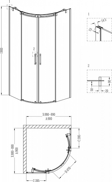 Душевой уголок Grossman GR-4090 Galaxy 90*90*190 полукруг, двери раздвижные