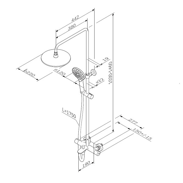 F0780522 Like душ.система, набор: смеситель д/ванны/душа с термостатом, верх.душ.d 220 мм, ручной ду