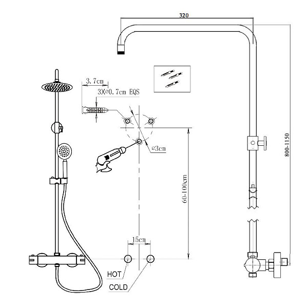 Душевая система Toledo Termo с термостатом, нерж. полированный верхний душ, нерж. полированная лейка