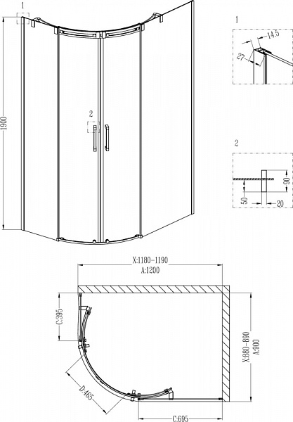 Душевой уголок Grossman GR-4121R Galaxy 120*90*190 двери раздвижные