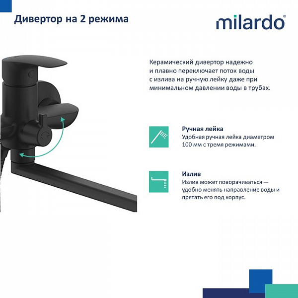 Смеситель для ванны с длинными изливом, черный матовый, Rora, Milardo, RORBL00M10