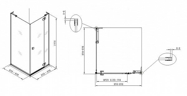 Душевое ограждение "KOLLER POOL" NEON N90KСB 900x900x1950 прозрачное Transparent  8мм CALC FREE хром/чёрный