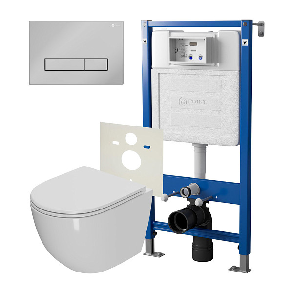 Сет: Система инсталляции Point Элемент для подвесного унитаза PN45120 + Клавиша смыва для инсталляции Point Меркурий, хром, PN44831C + Унитаз подвесной Point Афина безободковый, сиденье микролифт PN41041