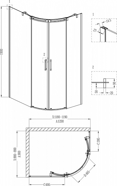 Душевой уголок Grossman GR-4121L Galaxy 120*90*190 двери раздвижные
