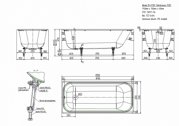 Чугунная ванна Ностальжи 170X75 Универсал