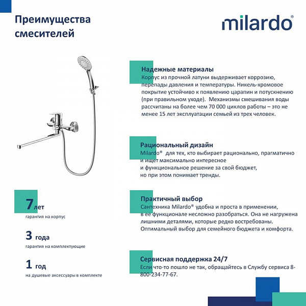 Смеситель для ванны с длинными изливом, глянцевый хром, Rora, Milardo, RORSB00M10