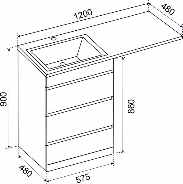 Тумба ДЖЕРСИ к умывальнику Камилла 1200 над стиральной машиной, 3 ящика