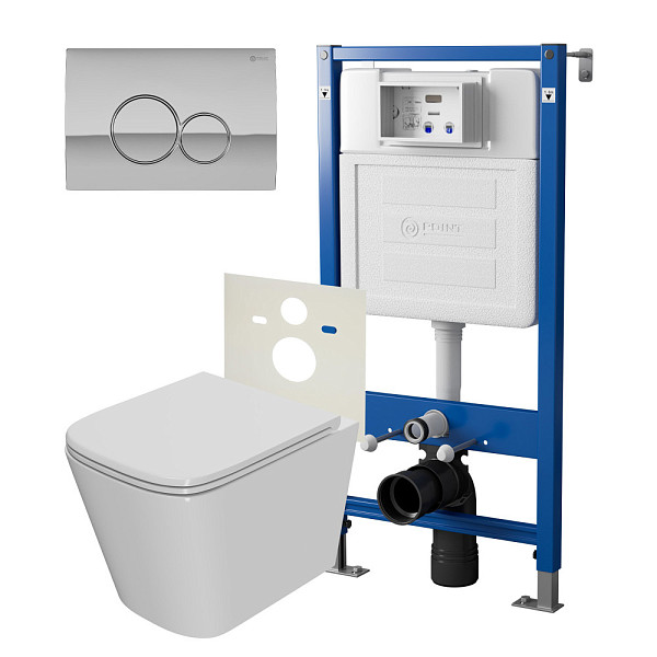 Сет: Система инсталляции Point Элемент для подвесного унитаза PN45120 + Клавиша смыва для инсталляции Point Виктория, хром, PN44061C + Унитаз подвесной Point Ника безободковый, сиденье микролифт PN41081