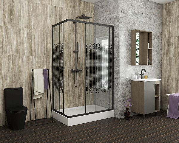 Душ. уголок NG-012-14Q BLACK(1200х800х1950) низкий поддон(13см) стекло МОЗАИКА, 2 места