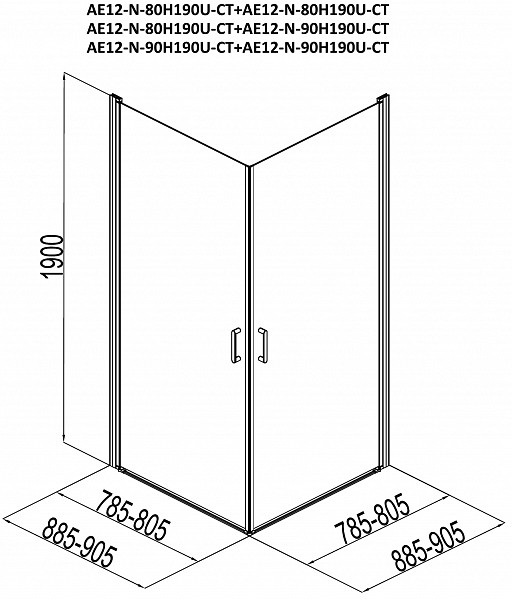 Душевой уголок Aquanet Cinetic 80х90,прозрачное стекло (AE12-N-80H190U-CT + AE12-N-90H190U-CT) AE12-N-80H190U-CT + AE12-N-90H190U-CT