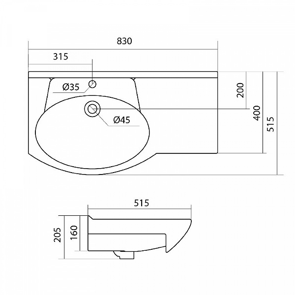 Раковина сложной формы Santek Коралл 83 1WH110228 с правым крылом