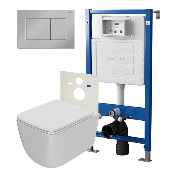 Сет: Система инсталляции Point Элемент для подвесного унитаза PN45120 + Клавиша смыва для инсталляции Point Ника, хром, PN44081C + Унитаз подвесной Point Меркурий безободковый, сиденье дюропласт микролифт, быстросъем, белый PN41831