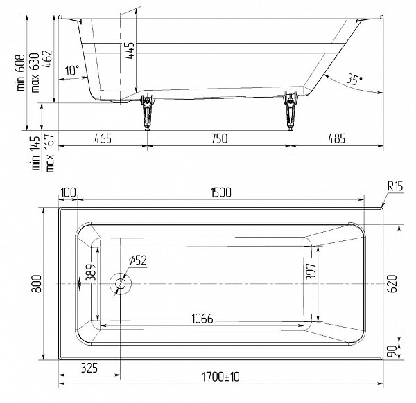 Ванна чугунная Delice Parallel 1700х800 без ручек с антискользящим покрытием