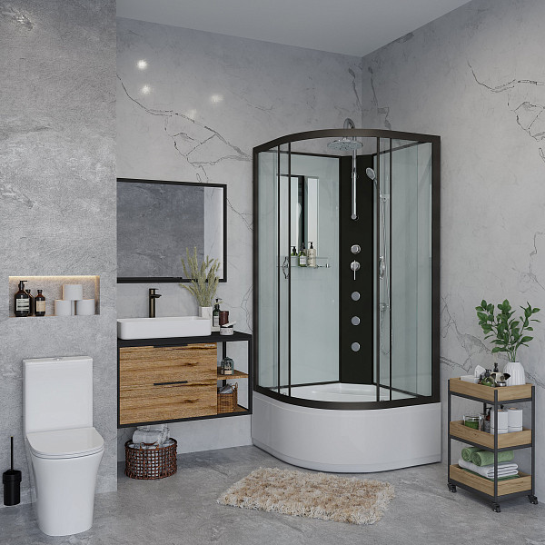 Душ.каб. NG-6707-14BKTG (800х800х2100-2400) высокий поддон(40см) стекло ПРОЗРАЧНОЕ черные профиля 4 места