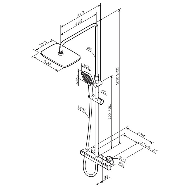 F078F400 Func, душ. система: см-ль д/душа с ТМС, душ.штанга, верхн. душ квадр., ручн.душ, хром